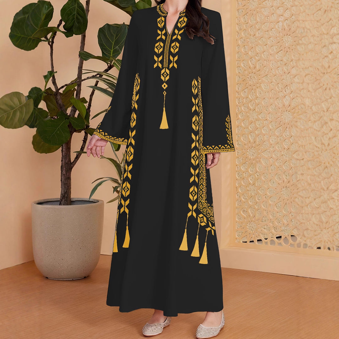 Caftan dress for women with an artistic embroidered design and an elegant V-neck Lune London