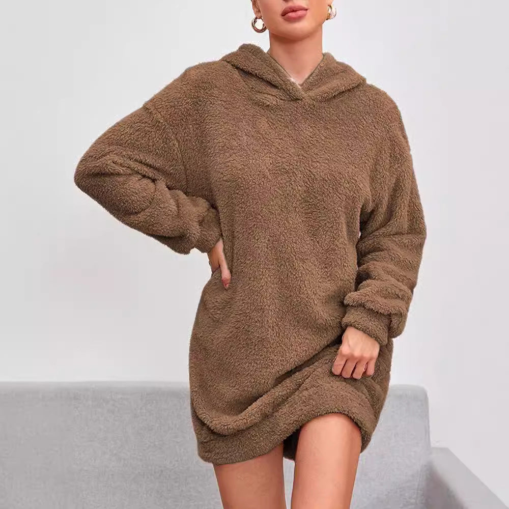 Fleece hoodie dress for women with hood and practical pockets Lune London