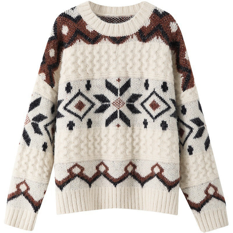 Ladies chunky knit sweater with geometric pattern and round neck Lune London