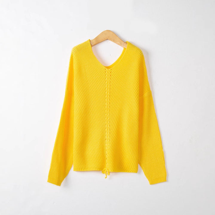 Women's thick knit sweater with an attractive V-neckline and practical drawstring details Lune London