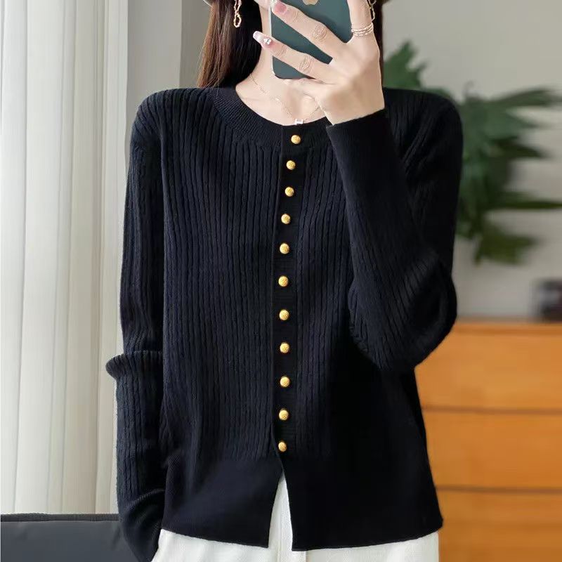 Lady's knit jacket with gold buttons Lune London