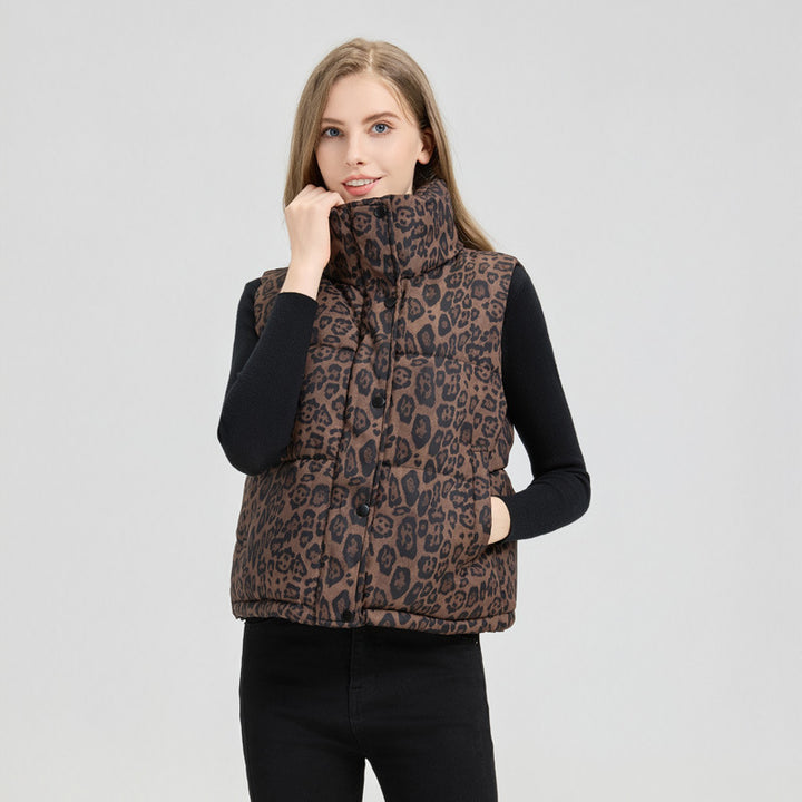 Lady Padded Gilet with Leopard Print and High Collar Lune London