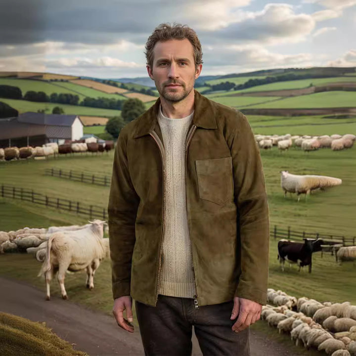 Men's suede jacket with high collar and practical chest pocket Lune London