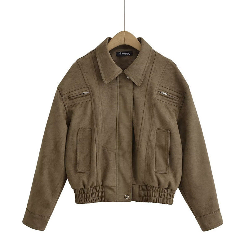 Veste en daim tendance pour femmes avec taille élastique et poches zippées sur les côtés Lune London