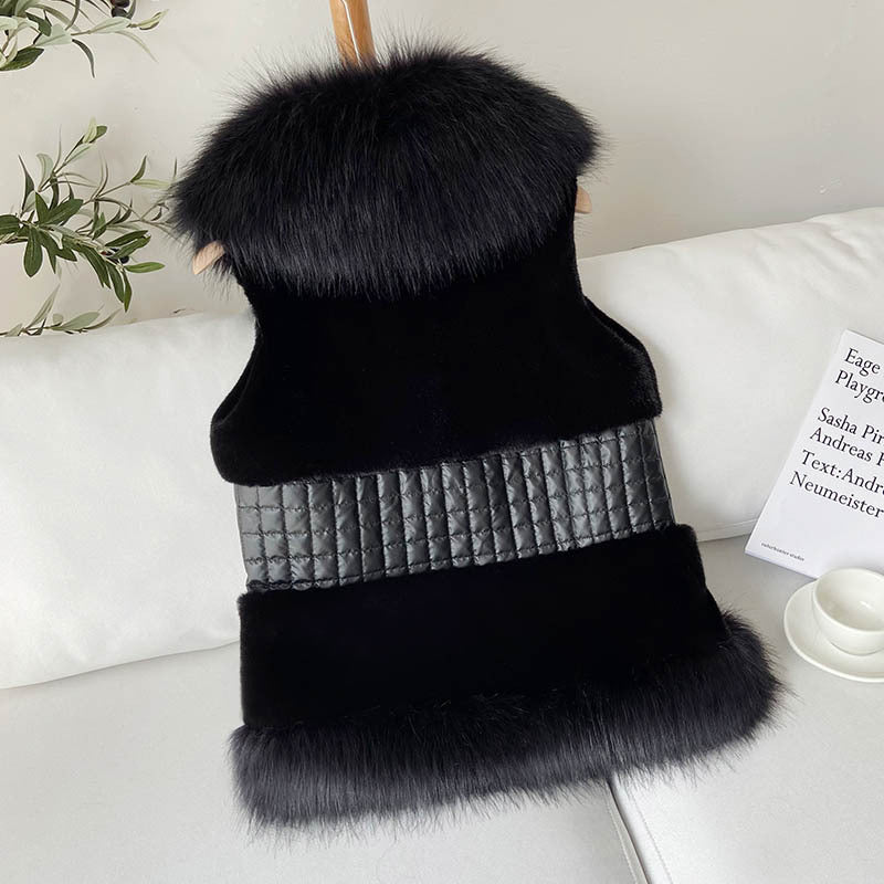 Women Elegant Faux Fur Gilet with High Collar and Shiny Belt Lune London