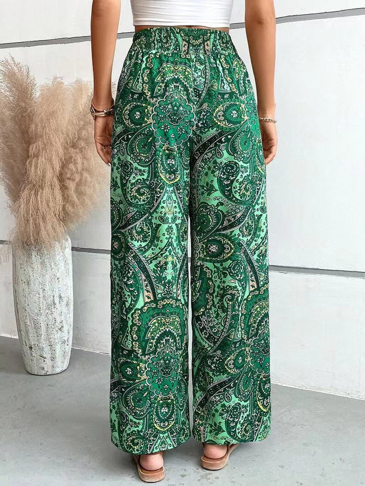 Women's Wide Palazzo Pants with Elastic Waistband and Paisley Pattern Lune London