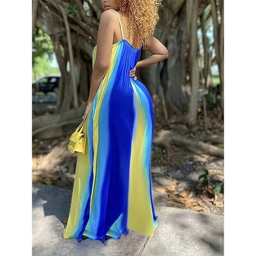 Maxi dress for women with fluid color gradient and delicate spaghetti straps Lune London