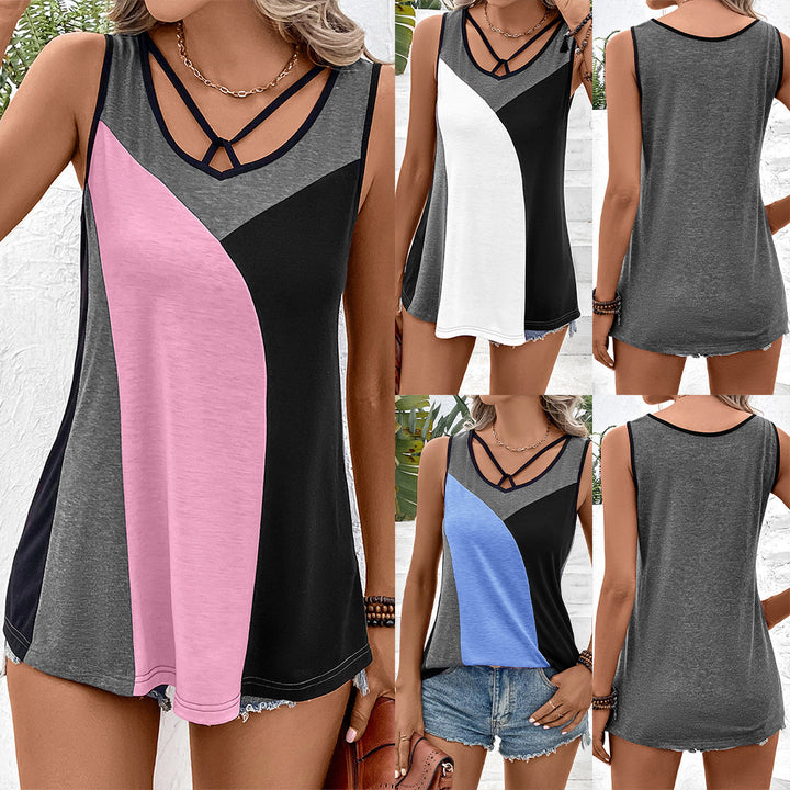 Lune London Women's Colorblock Sleeveless Top with Trendy V-Neck