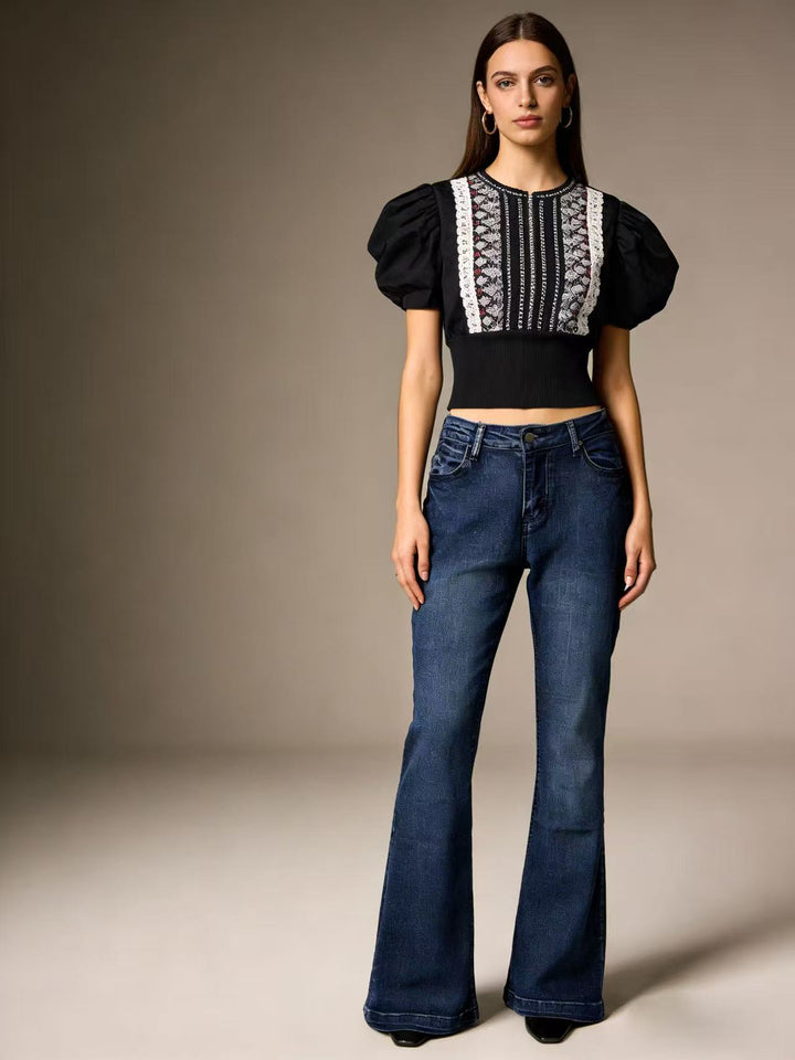 Ladies elegant cropped top with puff sleeves and vintage embroidery Lune London