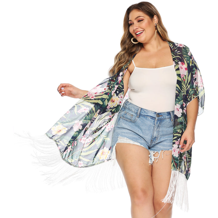 Ladies-Kimono with floral print and fringes Lune London