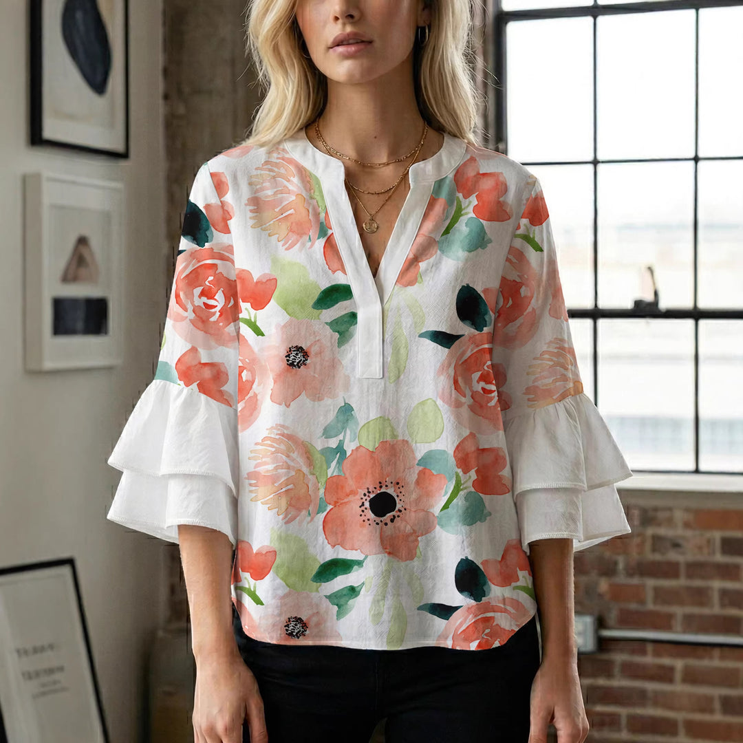Women Elegant Top with Voluminous Puff Sleeves and Floral Print Lune London