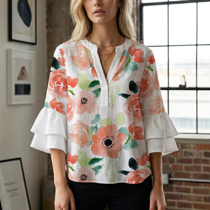 Women Elegant Top with Voluminous Puff Sleeves and Floral Print Lune London
