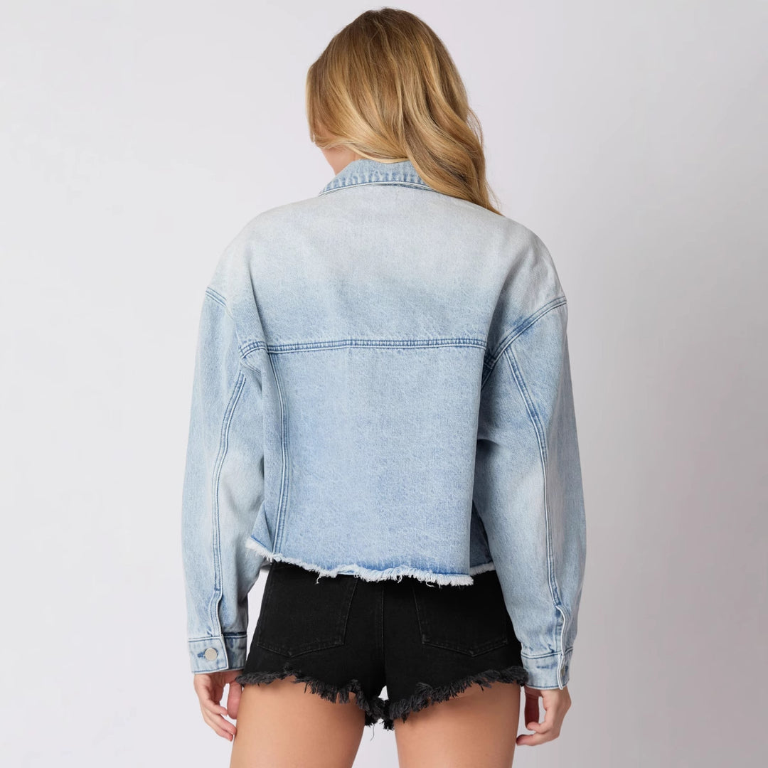 Trendy denim jacket for women with colorful football prints Lune London