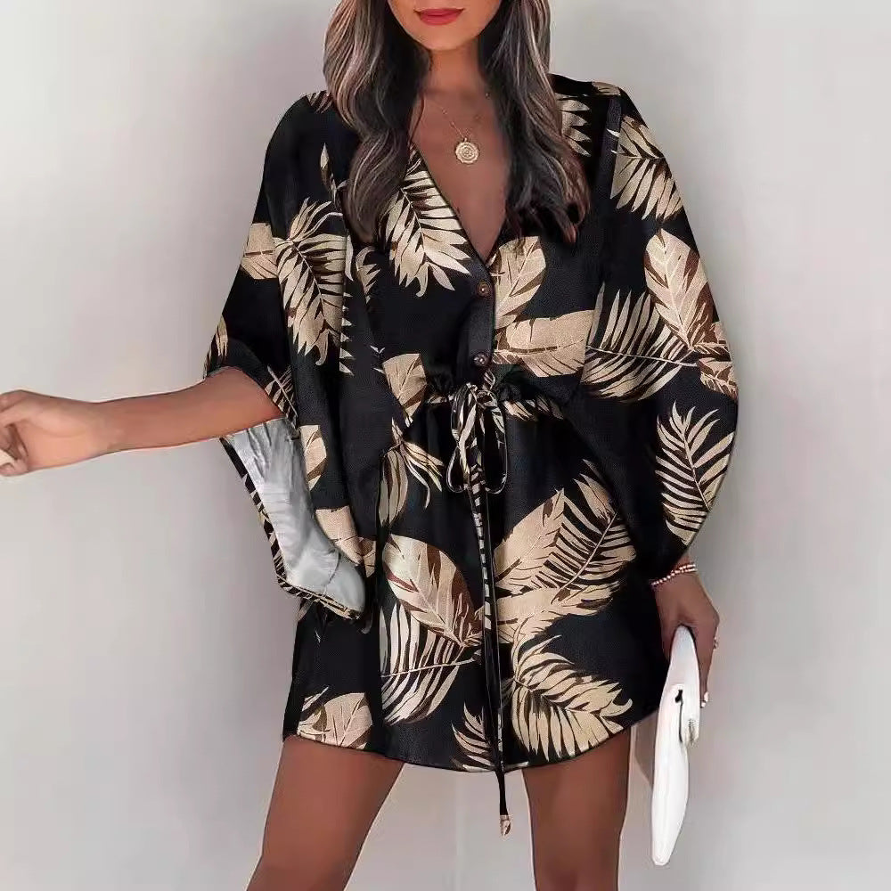 Shirt dress women with floral design and V-neck Lune London