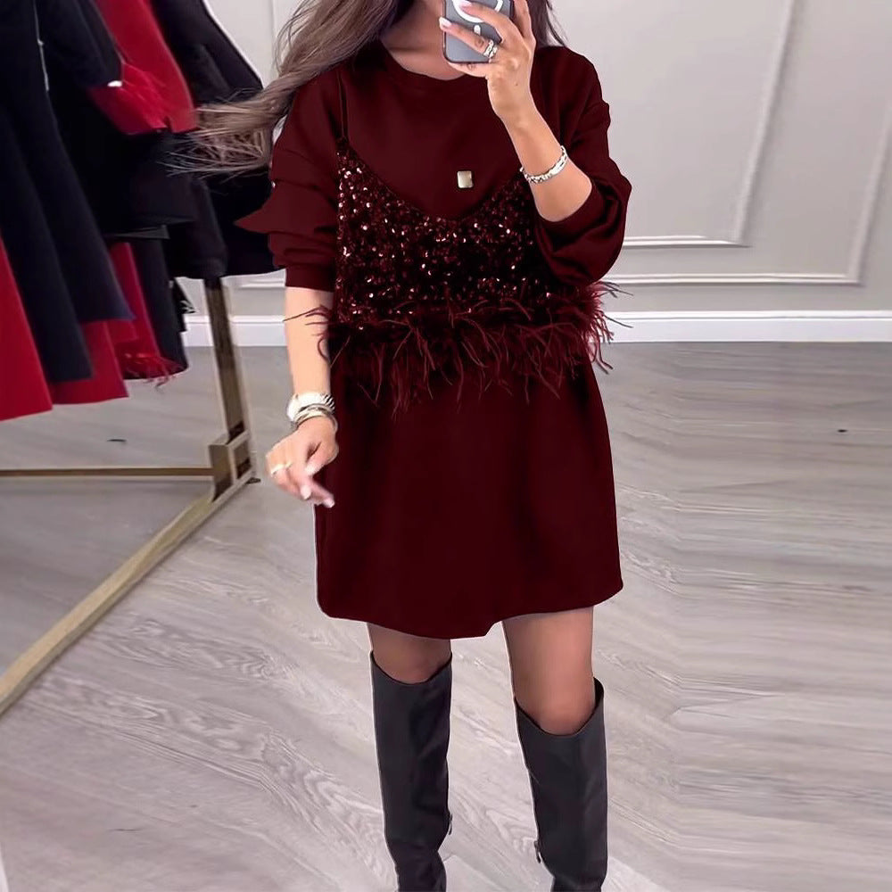 Trendy sweatshirt dress for ladies with sequins and feather detail Lune London