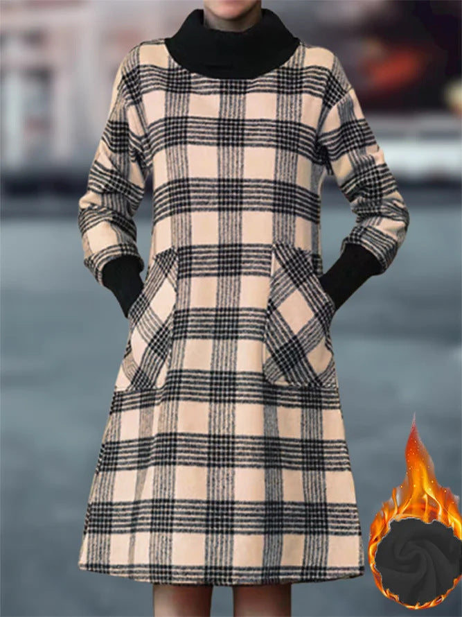 Women’s Checkered Dress with High Neck Collar and Practical Pockets Lune London