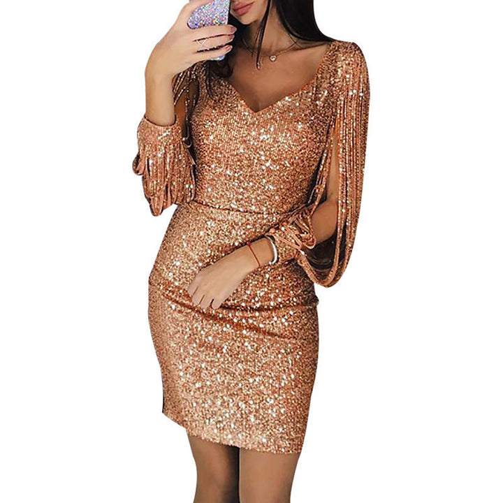 Ladies Glittering Cocktail Dress with Shimmering Sleeves Lune London