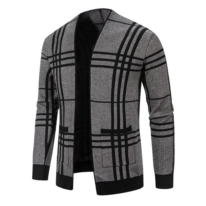 Modern knitted jacket for men with a modern check pattern and practical pockets Lune London