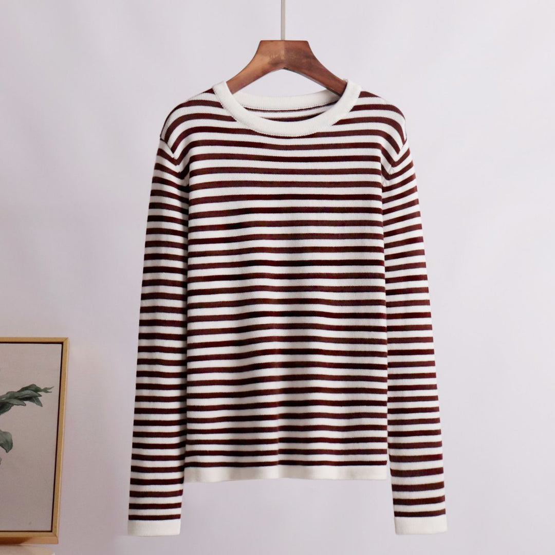 Pull long à manches longues portable pour femmes en mélange de coton doux avec motif rayé Chic & Stil