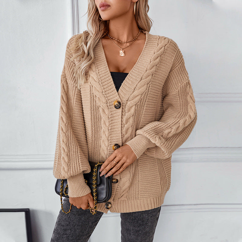 Knitted women's jacket with cable design and gold button details Lune London