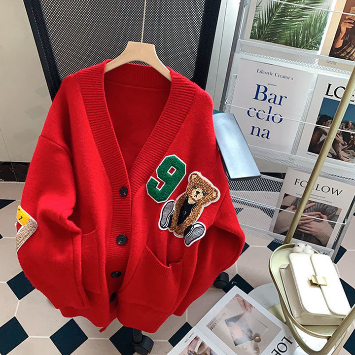 Oversized knitted jacket for women with bear appliqués and large pockets Lune London