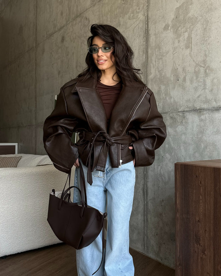 Ladies oversized leather jacket with waist belt Lune London
