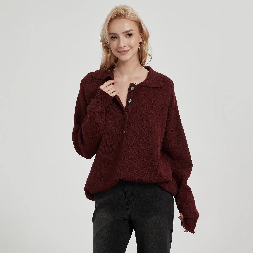 Ladies oversized knit sweater with elegant collar and button details Lune London