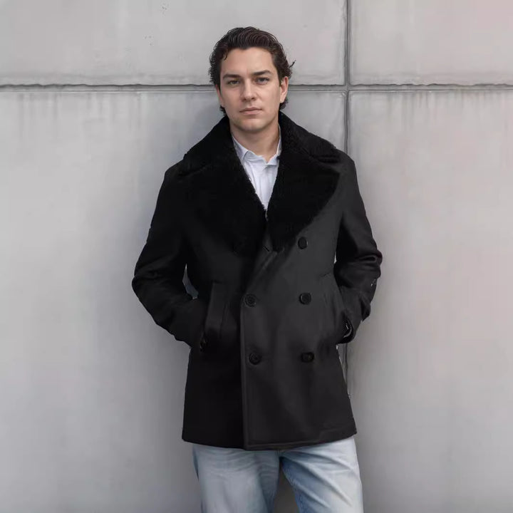 Double-breasted wool coat for men with faux fur collar Lune London