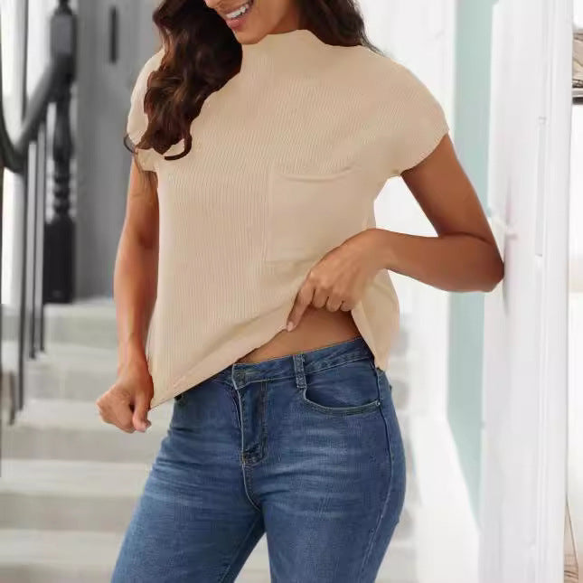 Women's casual short-sleeve sweater with high collar and patch pocket Lune London
