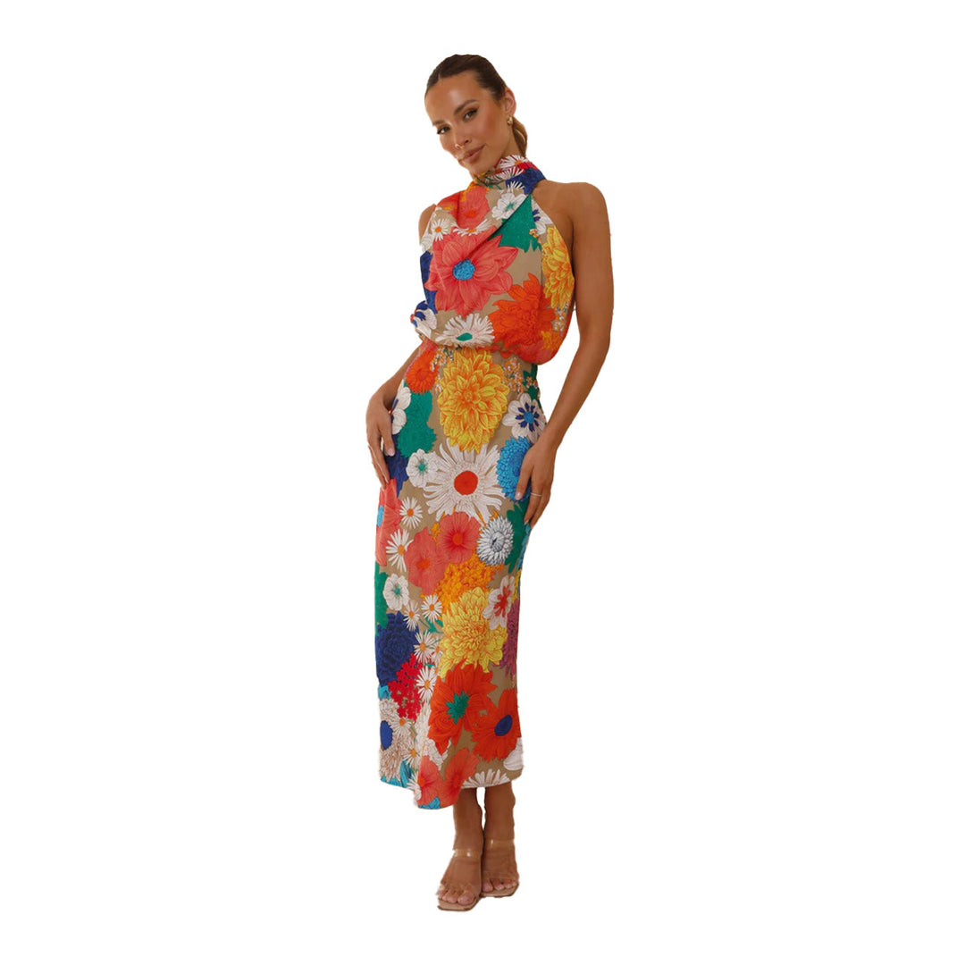 Ladies max dress with creative floral design and playful neckholder