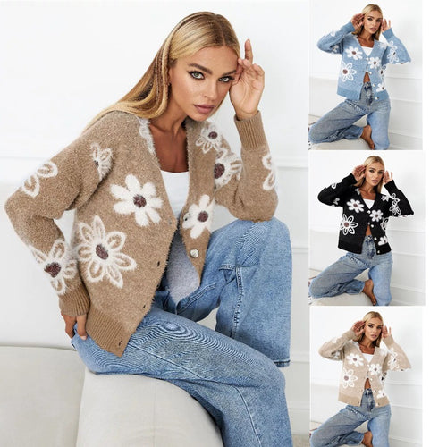 Ladies Cozy Sweater with Floral Pattern and Decorative Buttons Lune London
