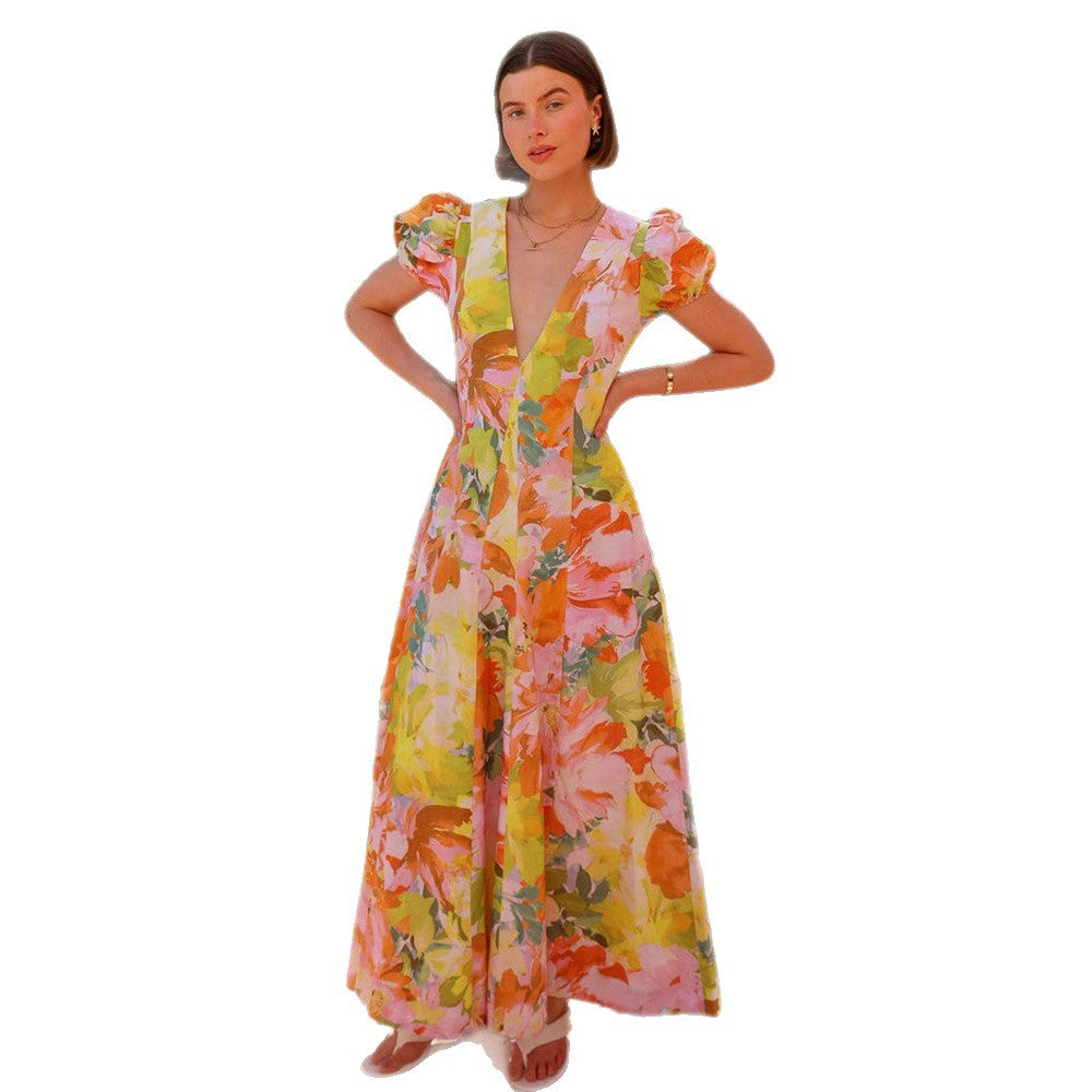 Chic & Stil V neck maxi dress with puff sleeves