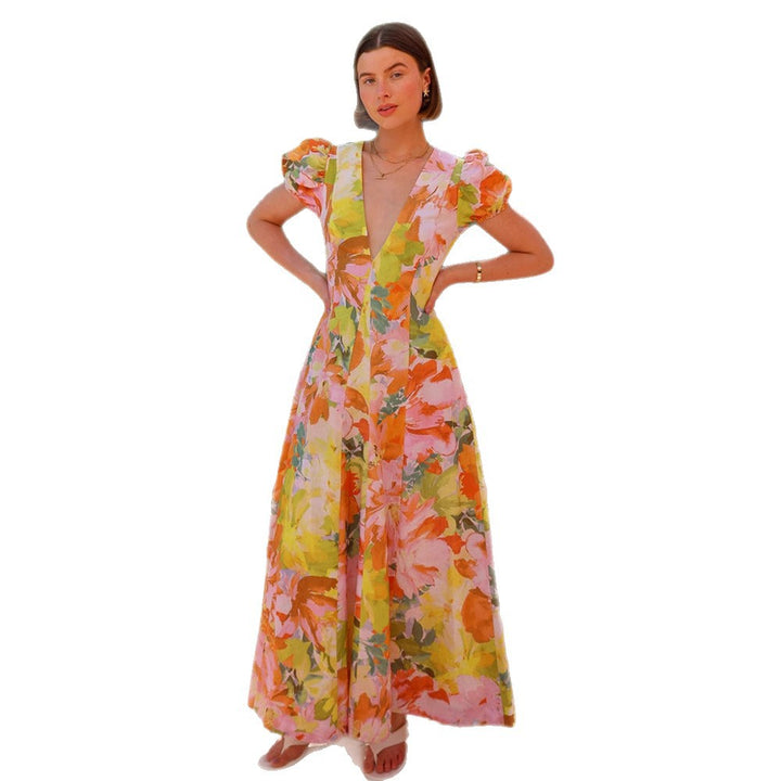 Chic & Stil V neck maxi dress with puff sleeves