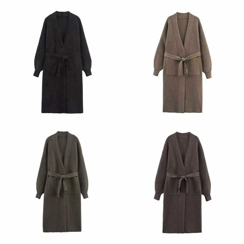 Ladies long knitted cardigan with waist belt Lune London