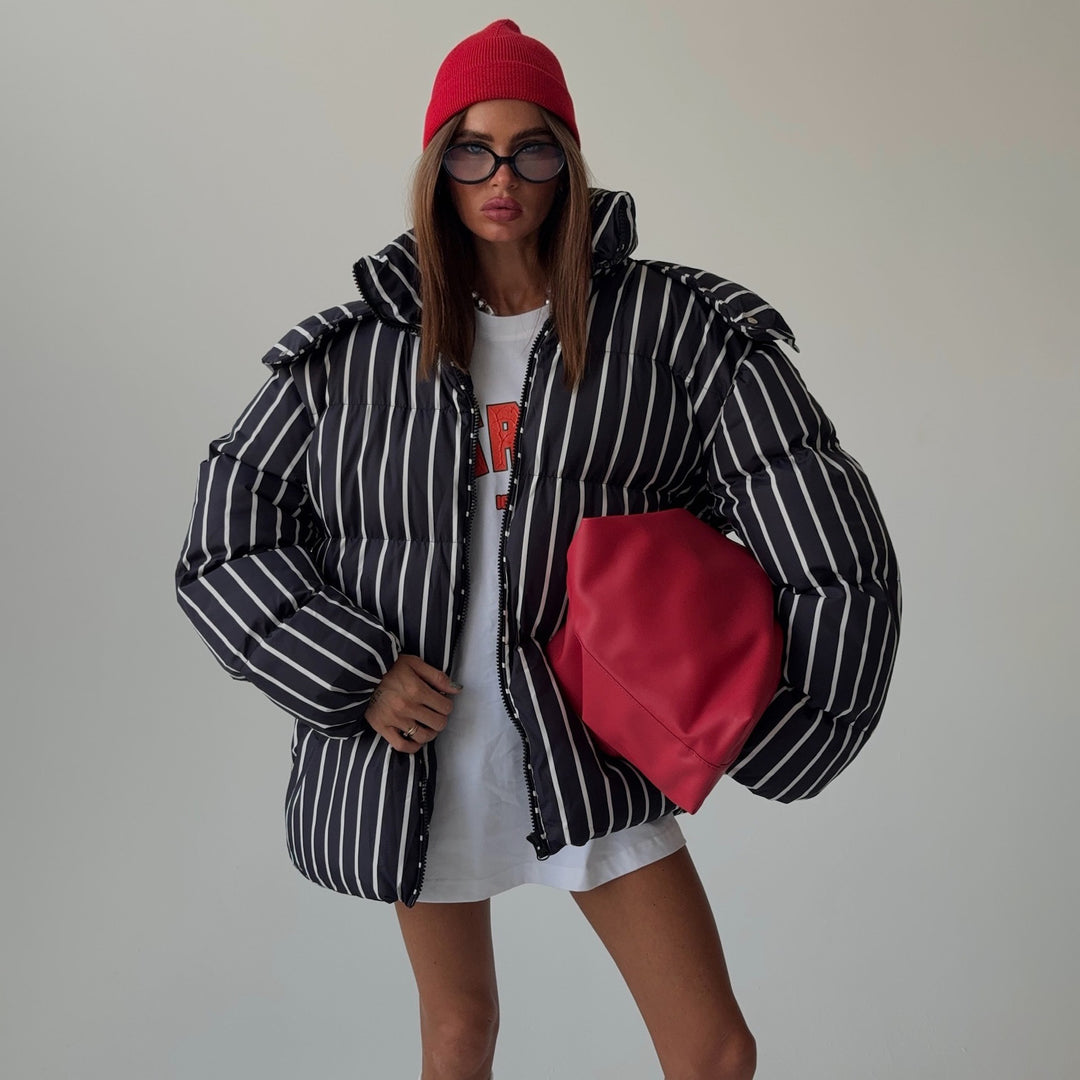 Striped down jacket for women with high collar and oversized cut Lune London
