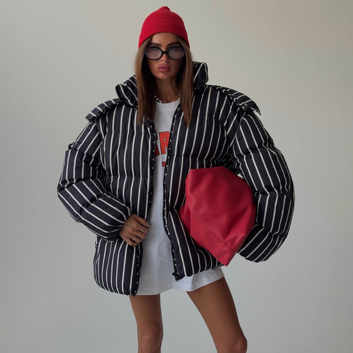 Striped down jacket for women with high collar and oversized cut Lune London