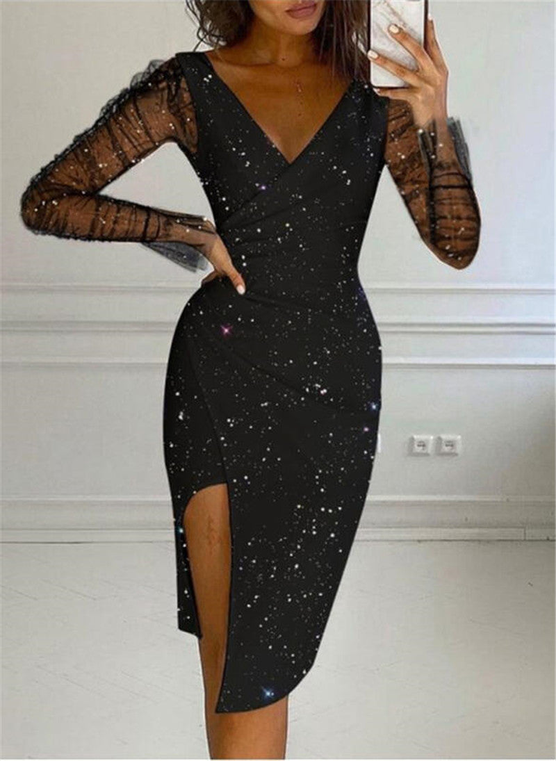 Ladies Elegant Wrap Dress with Transparent Sleeves and Shimmering Star Pattern Lune London