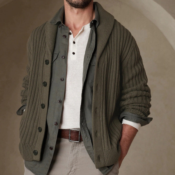Men's knitted jacket with a modern cable pattern and classic folded collar Lune London