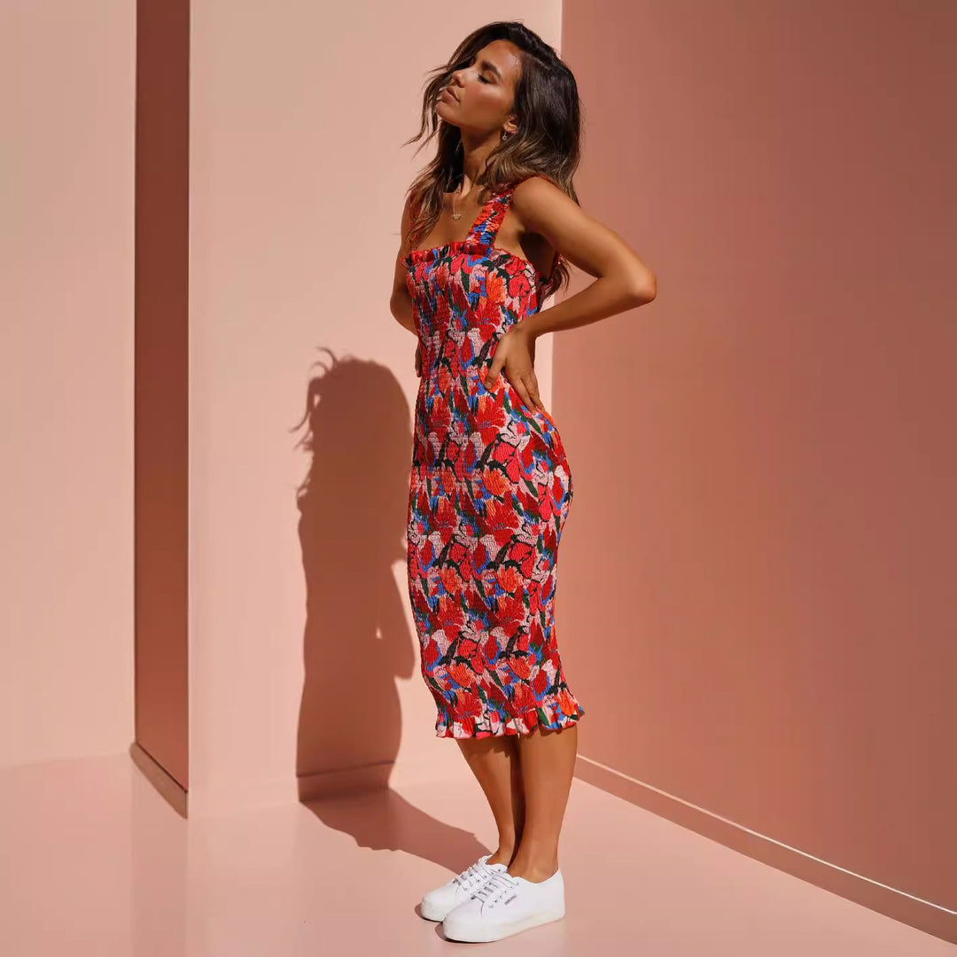 Women's Figure-Hugging Floral Dress with Ruffled Hem Lune London