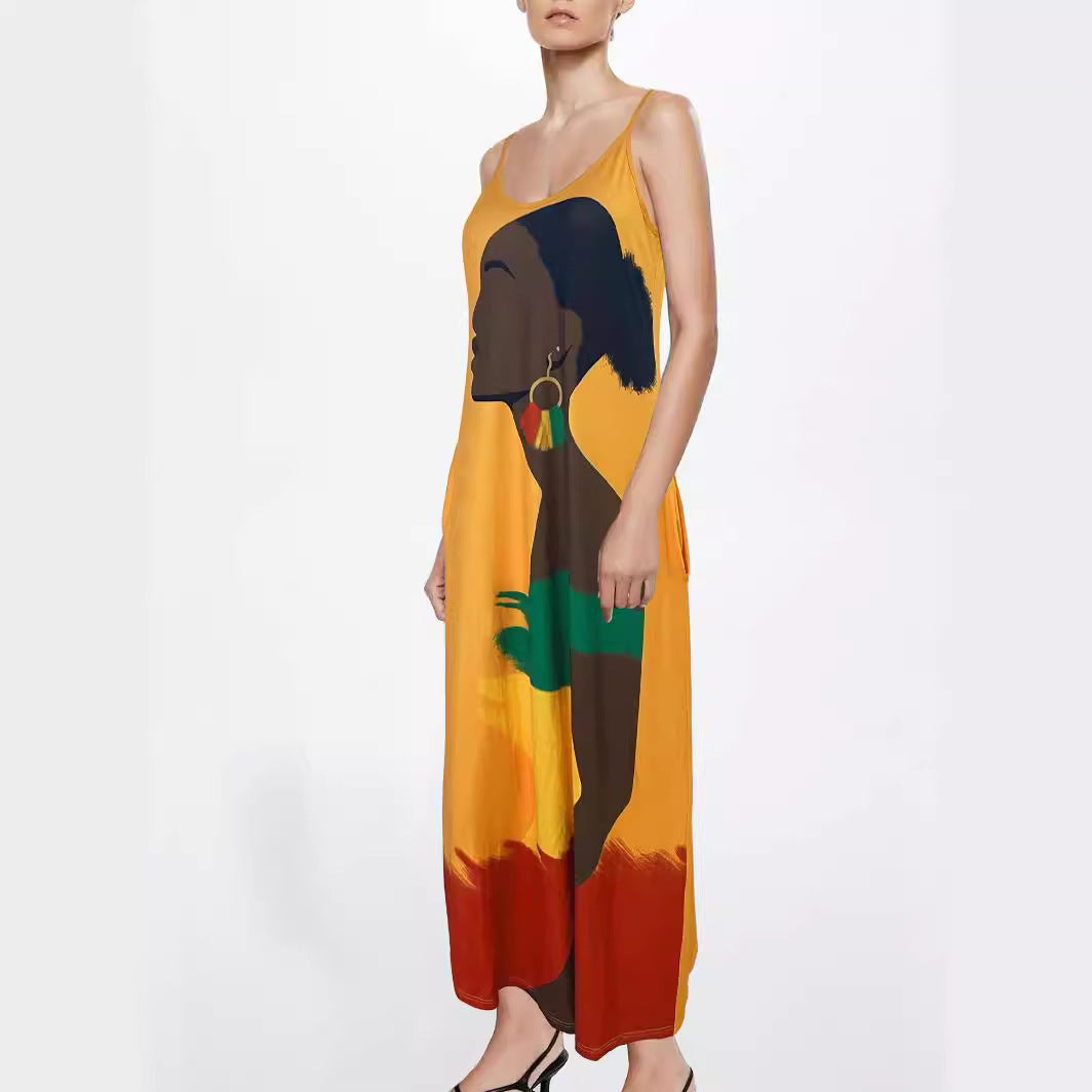 Maxi dress for women with modern ethnic print and practical side pockets Lune London