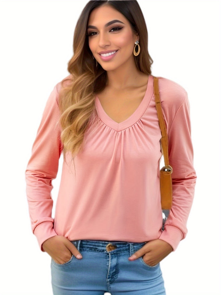 Woman long sleeve V-neck t-shirt with elegant draping and a relaxed fit Lune London