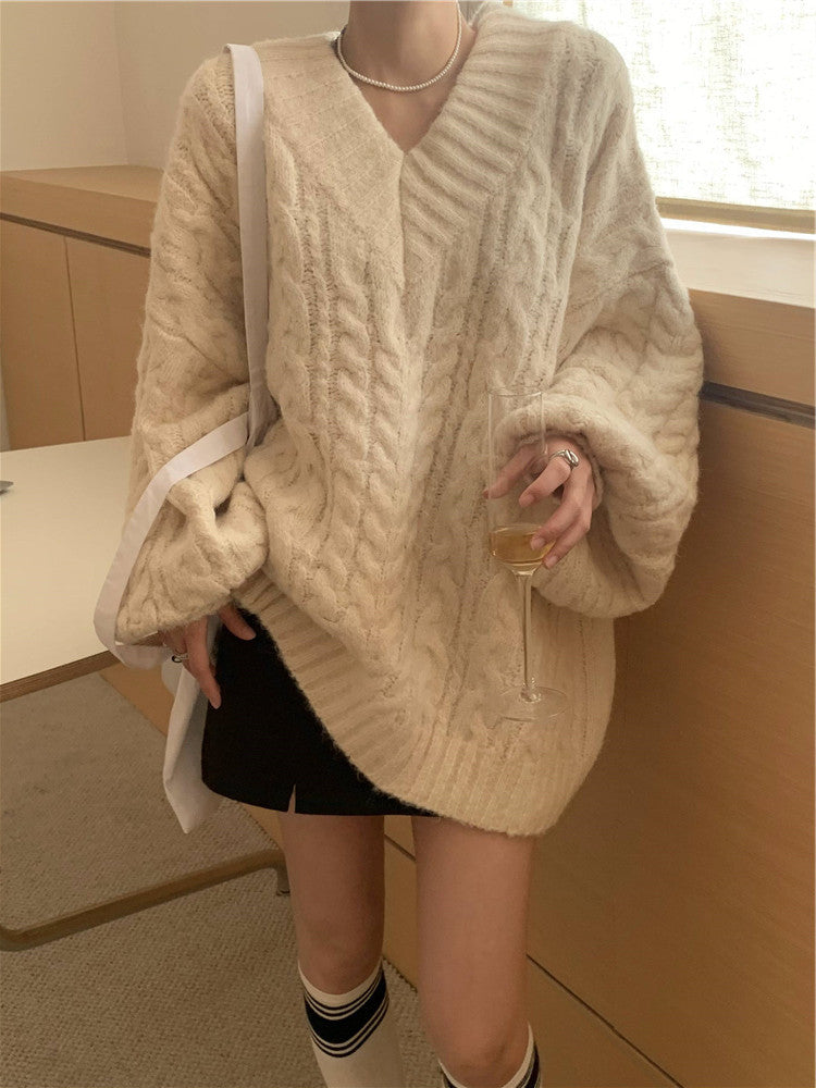 Pull en tricot épais pour femme avec des manches volumineuses et un col en V Chic & Stil