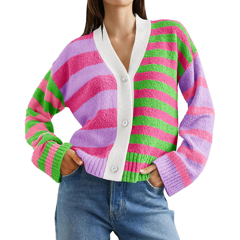 Women Striped Patterned Vest with Colorful Stripe Pattern and Chic Button Details