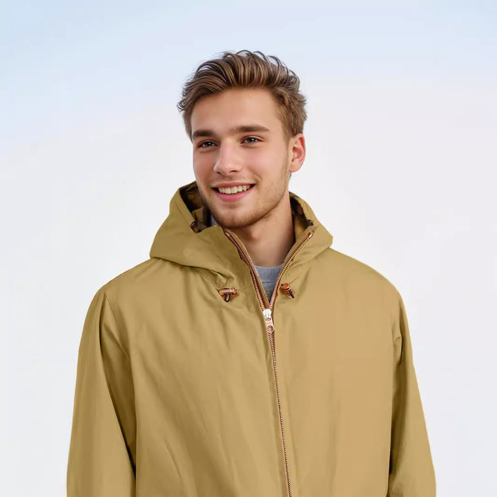 Transitional jacket for men with practical pockets and adjustable hood collar Lune London