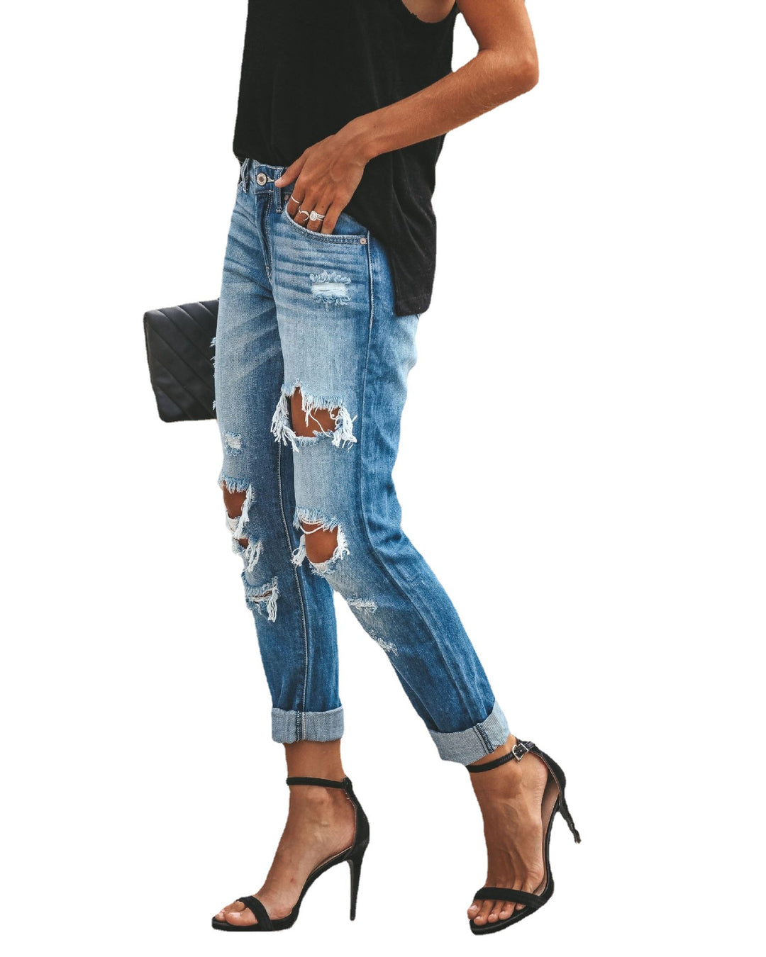 Ladies' Boyfriend Jeans with stylish distressed details and high waist Lune London