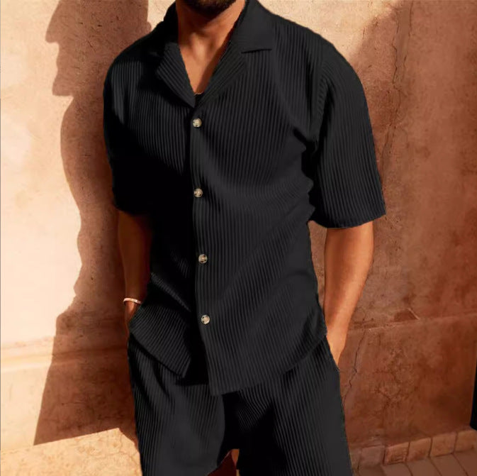 Men's short sleeve set in breathable ribbed fabric with a modern button placket Lune London