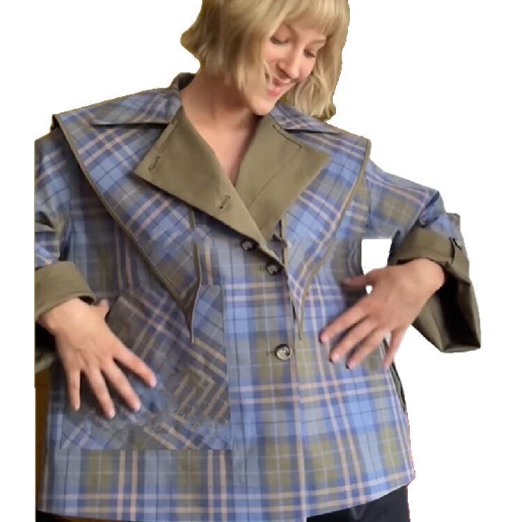 Elegant transitional jacket for women with multiple plaid patterns and embroidered details Lune London