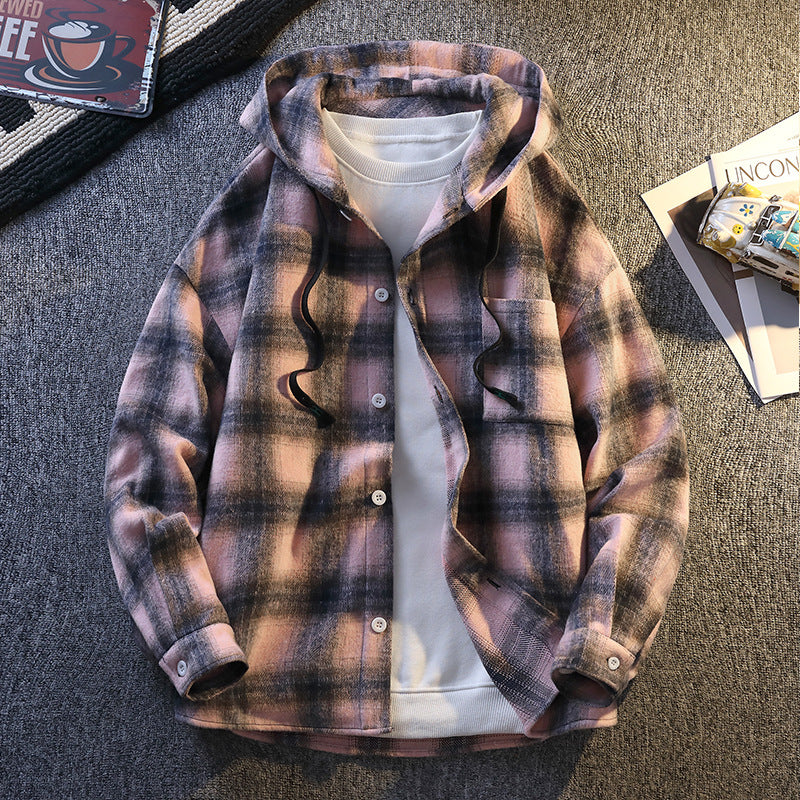 Plaid flannel jacket for men with hood and button closure Lune London