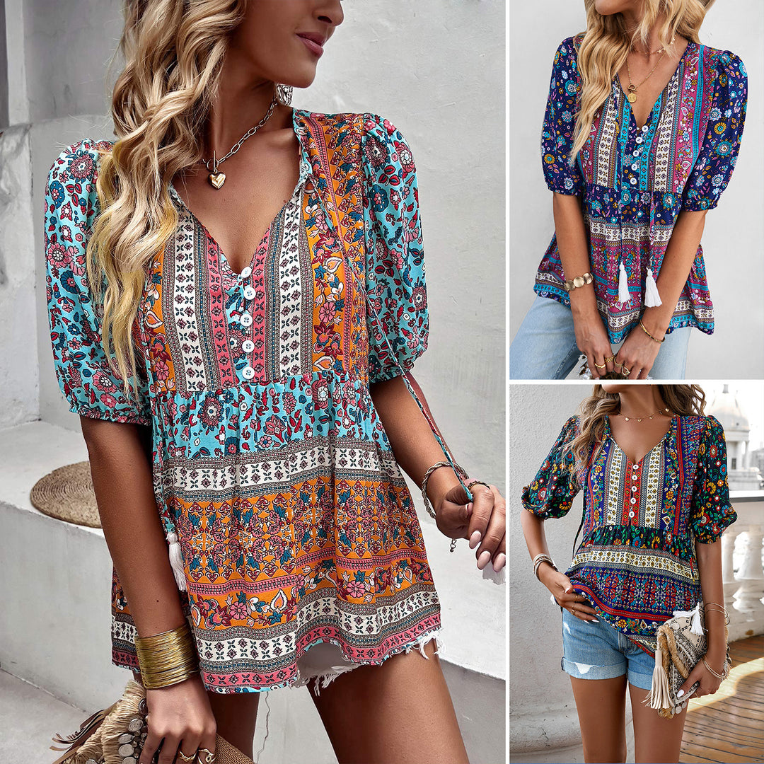 Ladies Boho Tunic with Elastic Sleeves and Playful V Neck Lune London