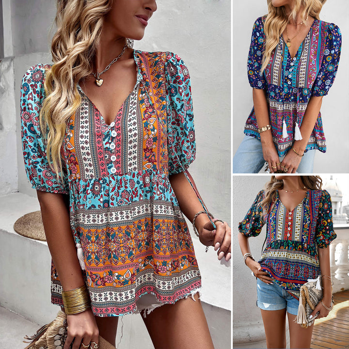 Ladies Boho Tunic with Elastic Sleeves and Playful V Neck Lune London